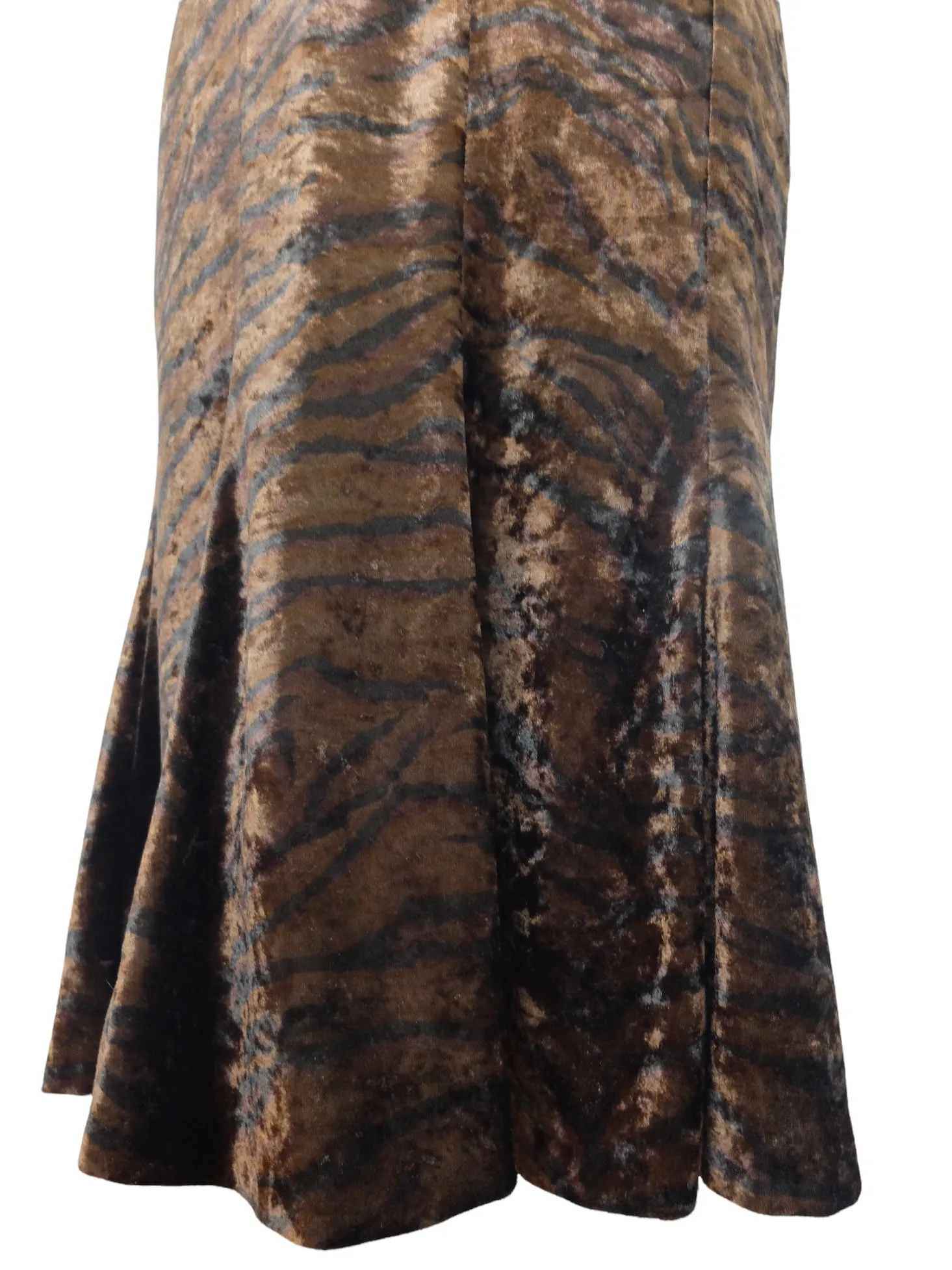 Vintage 80s Chic Bohemian Formal Brown & Black Velvet Zebra Animal Print High Waisted Fit & Flare Trumpet Midi Skirt | 26 Inch Waist