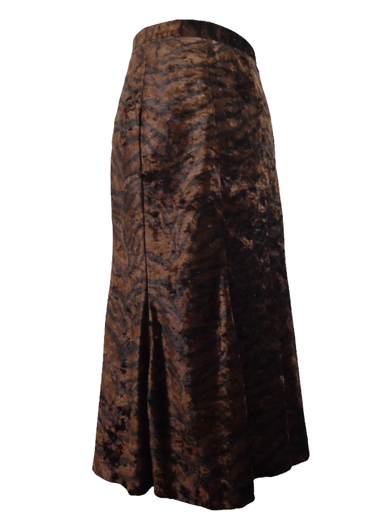 Vintage 80s Chic Bohemian Formal Brown & Black Velvet Zebra Animal Print High Waisted Fit & Flare Trumpet Midi Skirt | 26 Inch Waist