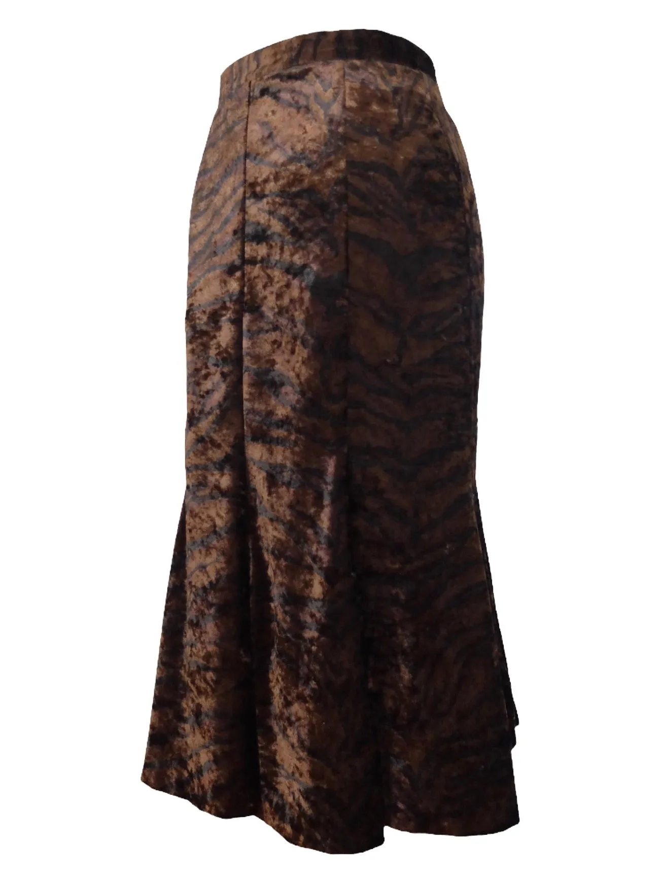 Vintage 80s Chic Bohemian Formal Brown & Black Velvet Zebra Animal Print High Waisted Fit & Flare Trumpet Midi Skirt | 26 Inch Waist