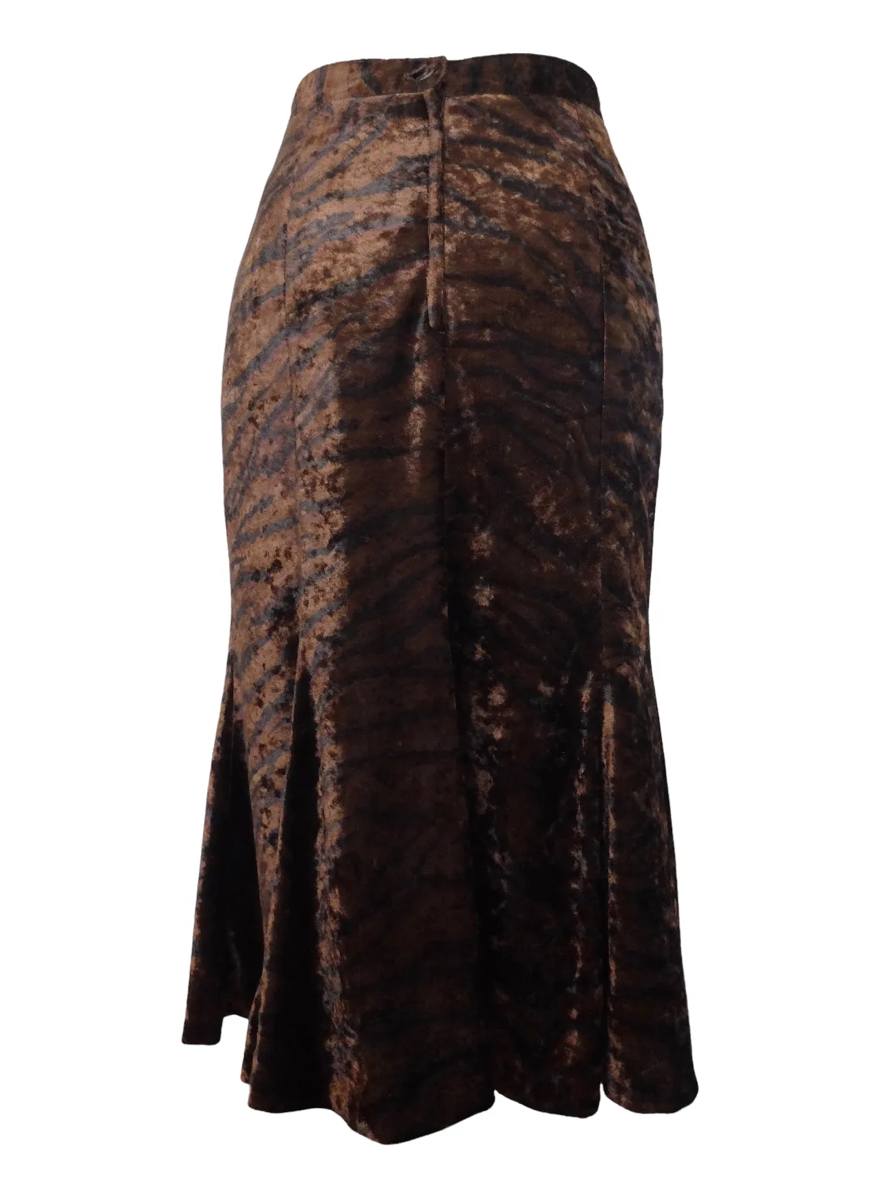 Vintage 80s Chic Bohemian Formal Brown & Black Velvet Zebra Animal Print High Waisted Fit & Flare Trumpet Midi Skirt | 26 Inch Waist