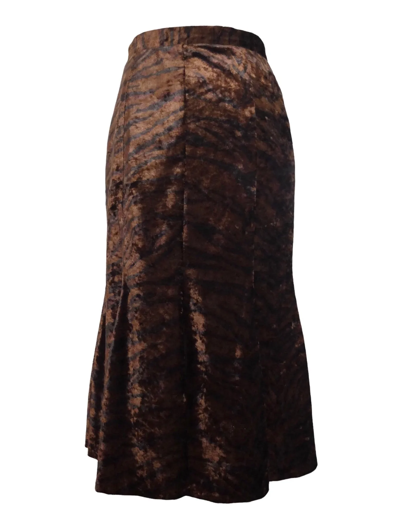 Vintage 80s Chic Bohemian Formal Brown & Black Velvet Zebra Animal Print High Waisted Fit & Flare Trumpet Midi Skirt | 26 Inch Waist