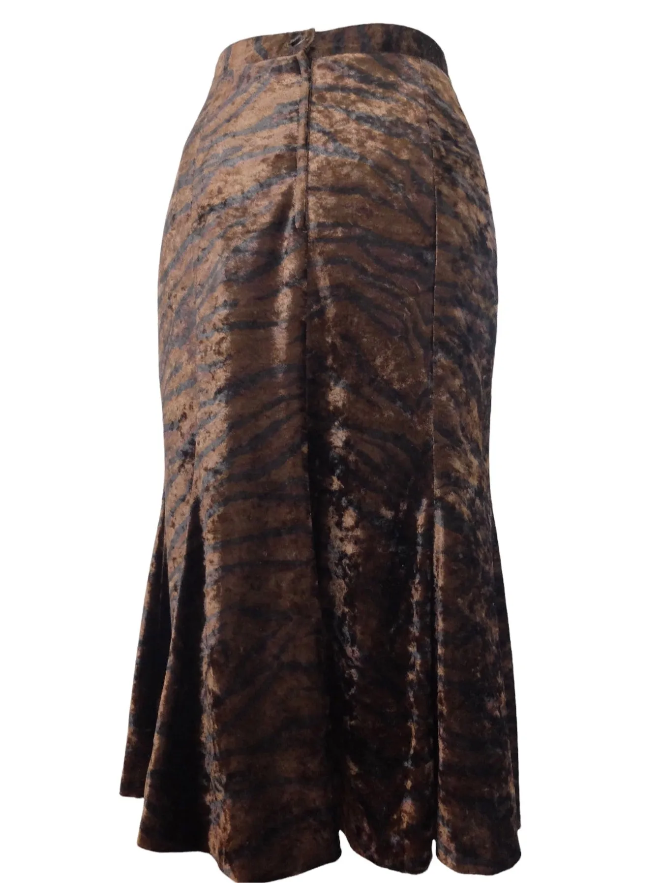 Vintage 80s Chic Bohemian Formal Brown & Black Velvet Zebra Animal Print High Waisted Fit & Flare Trumpet Midi Skirt | 26 Inch Waist