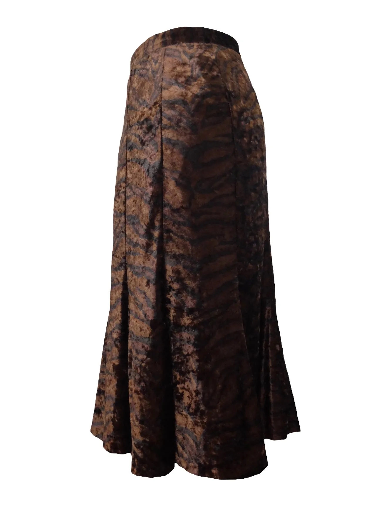 Vintage 80s Chic Bohemian Formal Brown & Black Velvet Zebra Animal Print High Waisted Fit & Flare Trumpet Midi Skirt | 26 Inch Waist