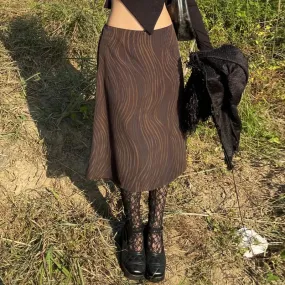 Vintage Fashion Stripe Brown Midi Skirt Low Waisted Grunge Fairycore Bow A-Line Party Skirt Women Aesthetic Chic Boho