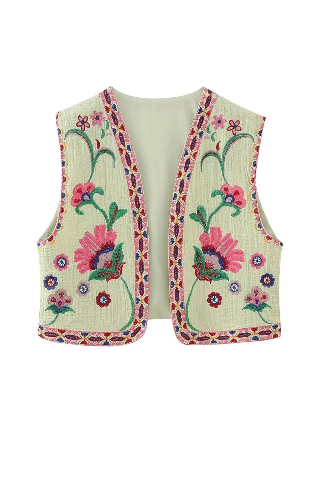 Vintage Floral Embroidery Open Front Vest