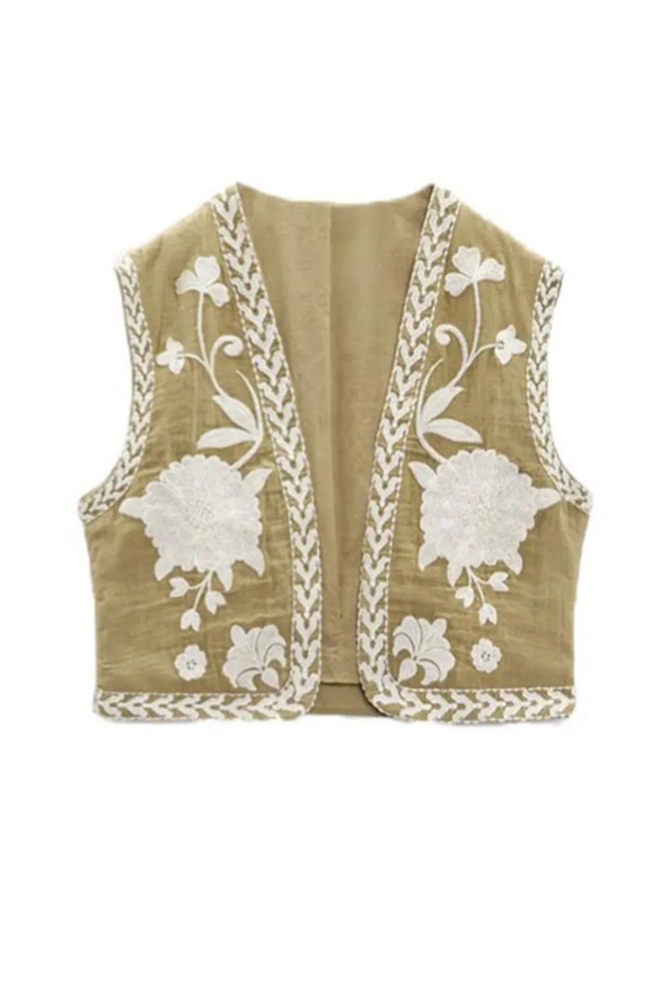 Vintage Floral Embroidery Open Front Vest