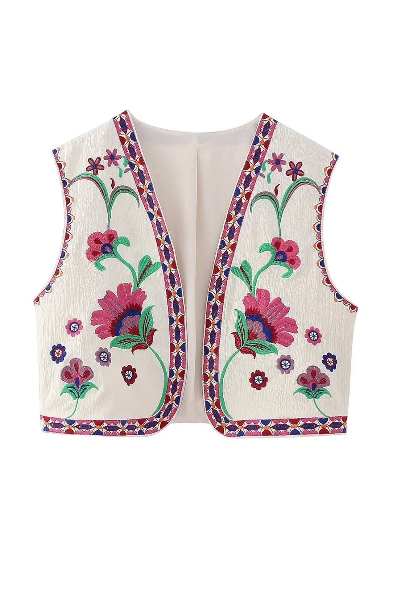 Vintage Floral Embroidery Open Front Vest