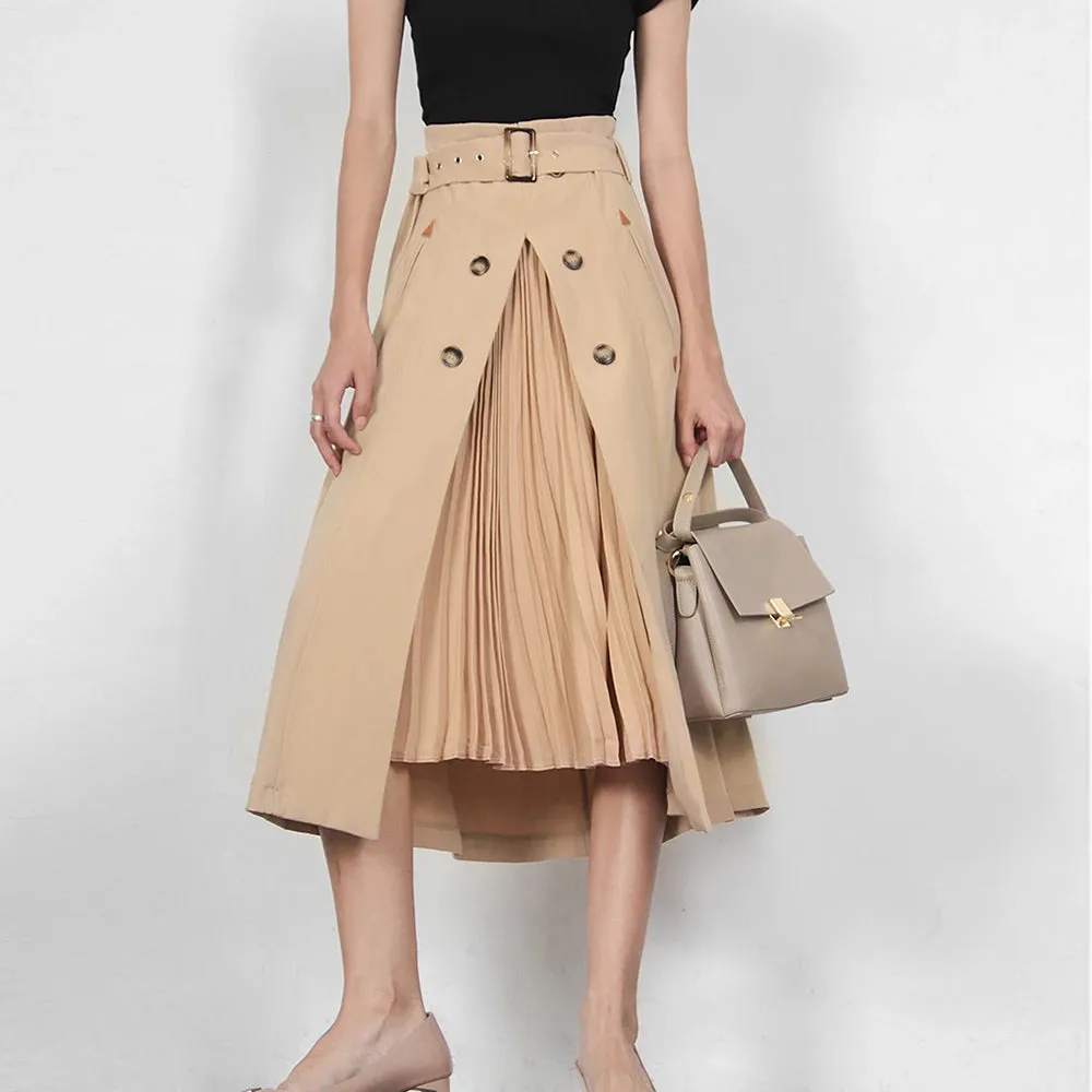 Vintage Patchwork Pleated Skirt Women High Waist With Sashes Split Hem Skirts For Female Fashion Clothing