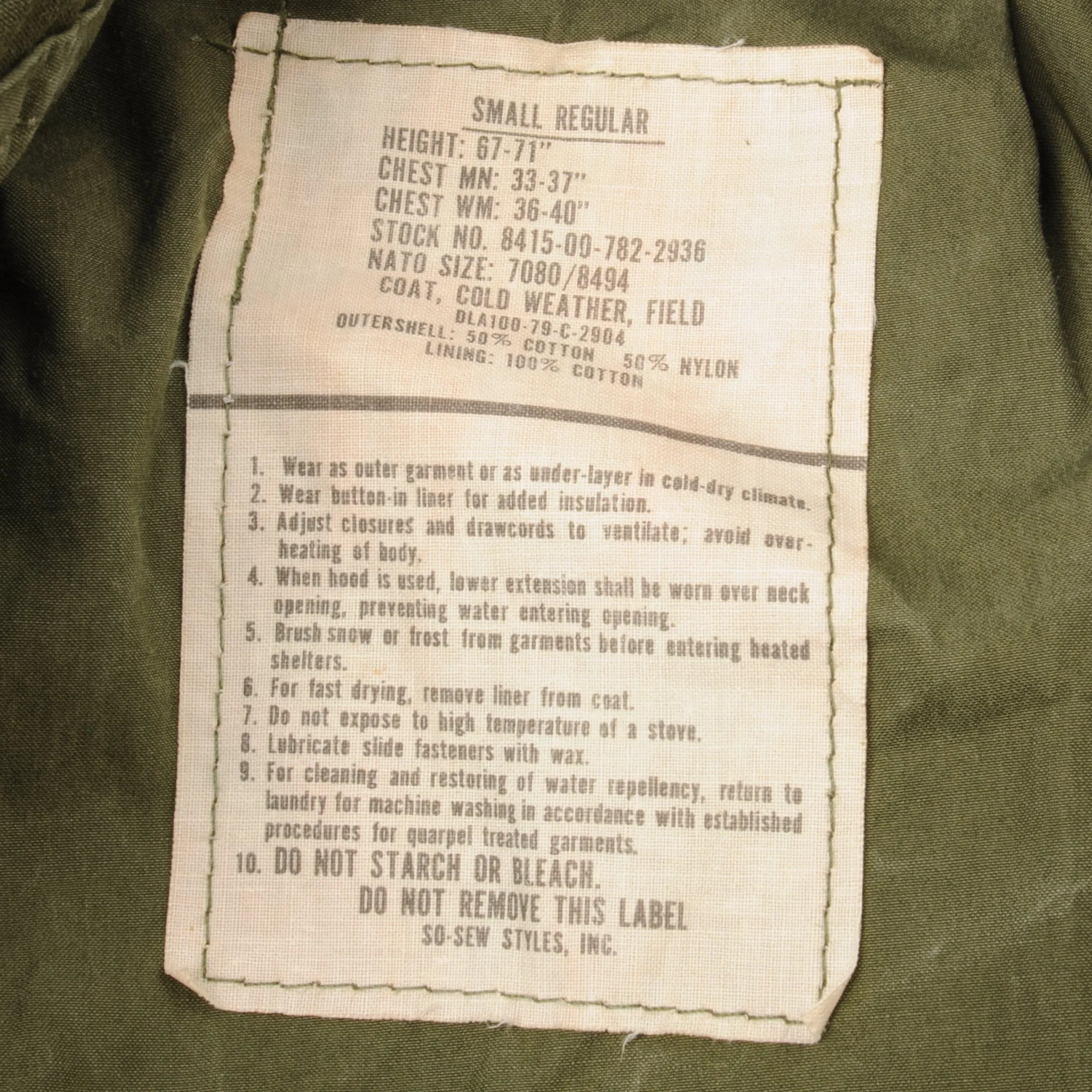 VINTAGE US ARMY M-1965 M65 FIELD JACKET 1979 SIZE SMALL REGULAR