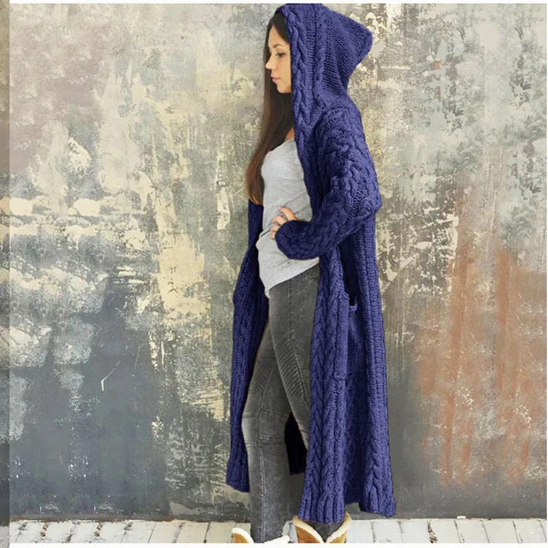 Wenkouban Cardigan Women Solid Color Long Sleeve Braid Knit Cardigan Hooded Sweater Coat Overcoat Loose Ladies Sweaters Coat Plus Size