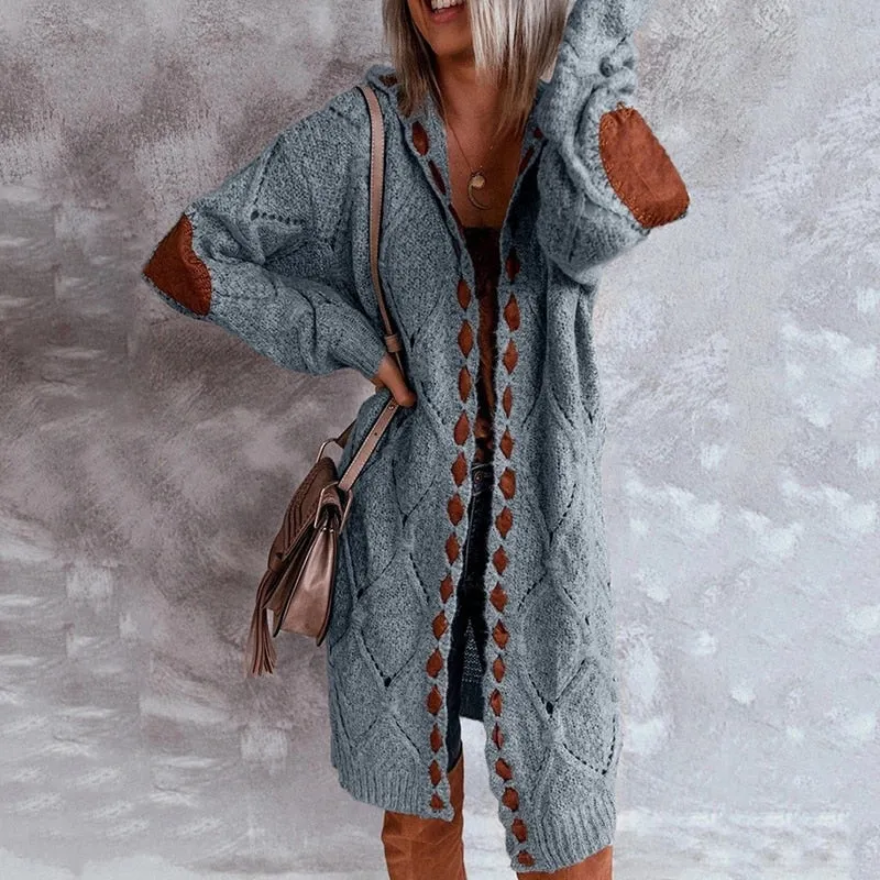 Wenkouban Cardigan Women Solid Color Long Sleeve Braid Knit Cardigan Hooded Sweater Coat Overcoat Loose Ladies Sweaters Coat Plus Size