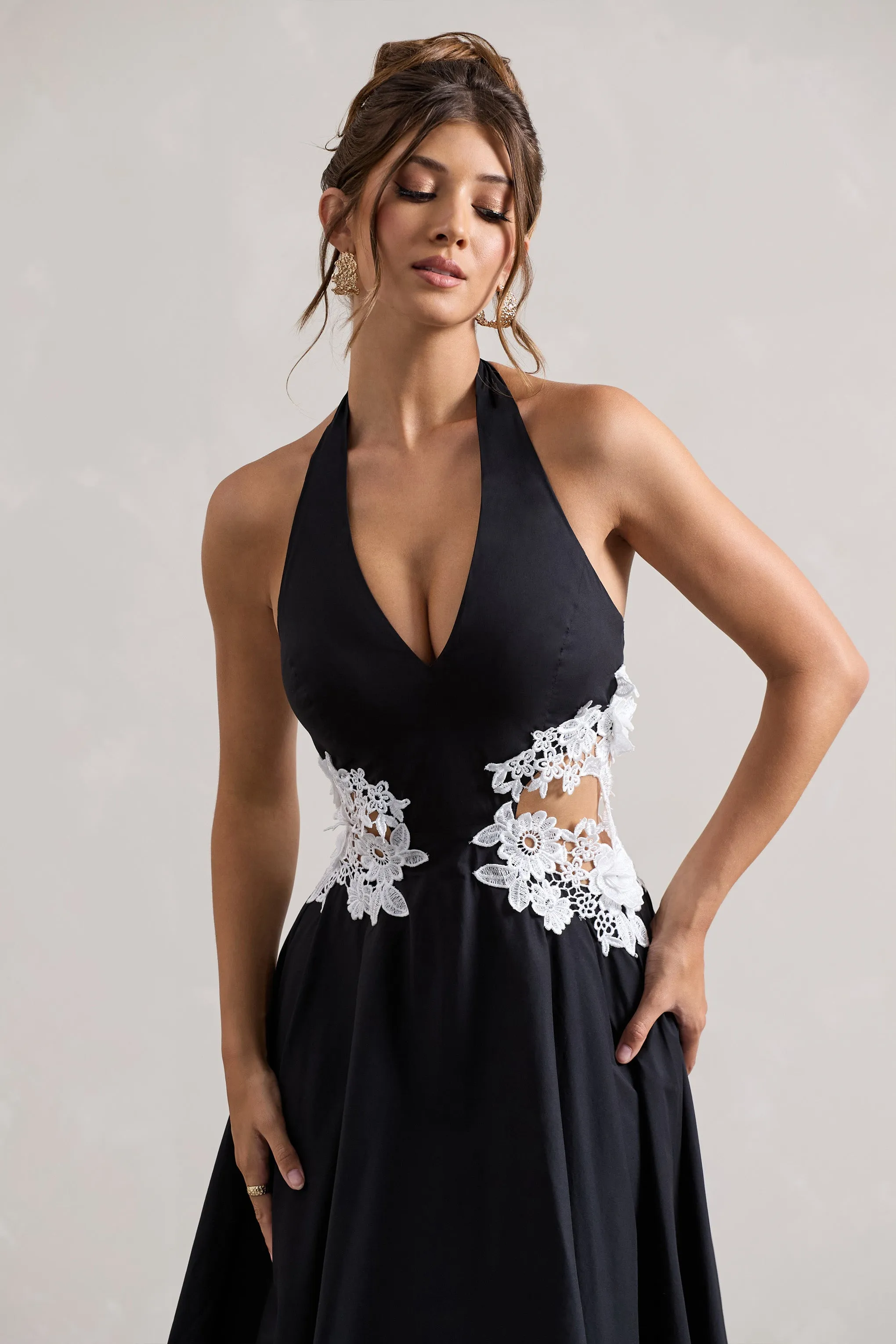 Windermere | Black Plunge Midi Dress With Floral Cut-Out