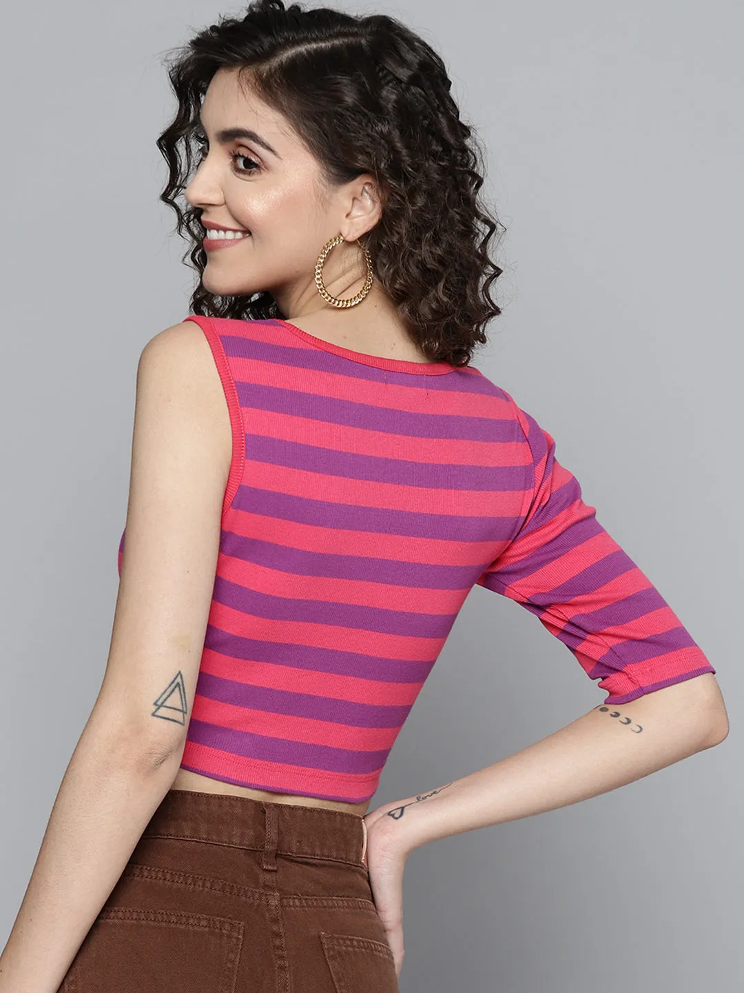 Women Fuchsia & Purple Rib One Side Sleeve Crop Top