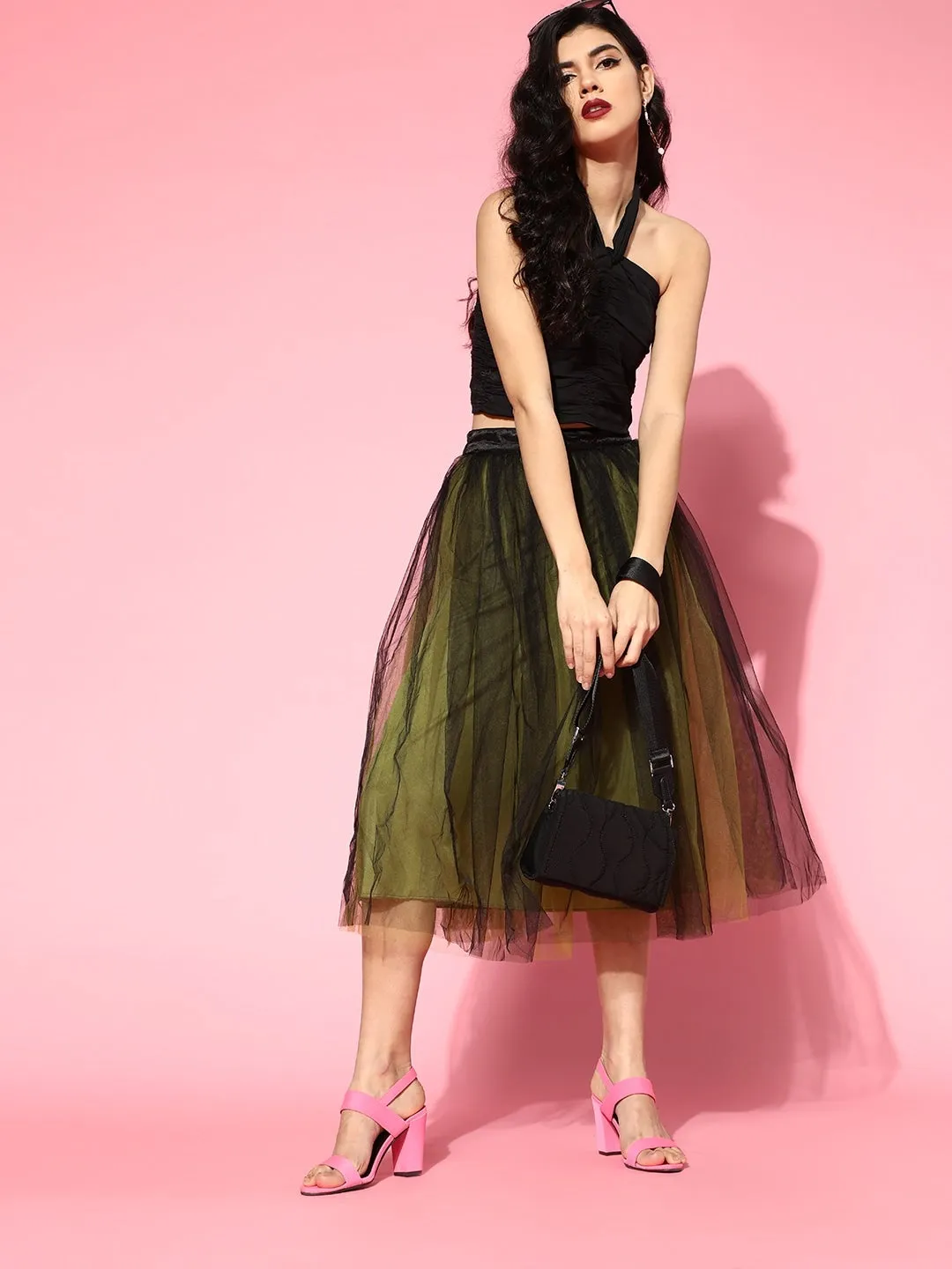 Women Green & Black Tulle Midi Skirt