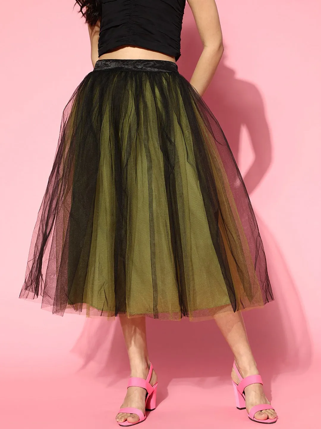 Women Green & Black Tulle Midi Skirt