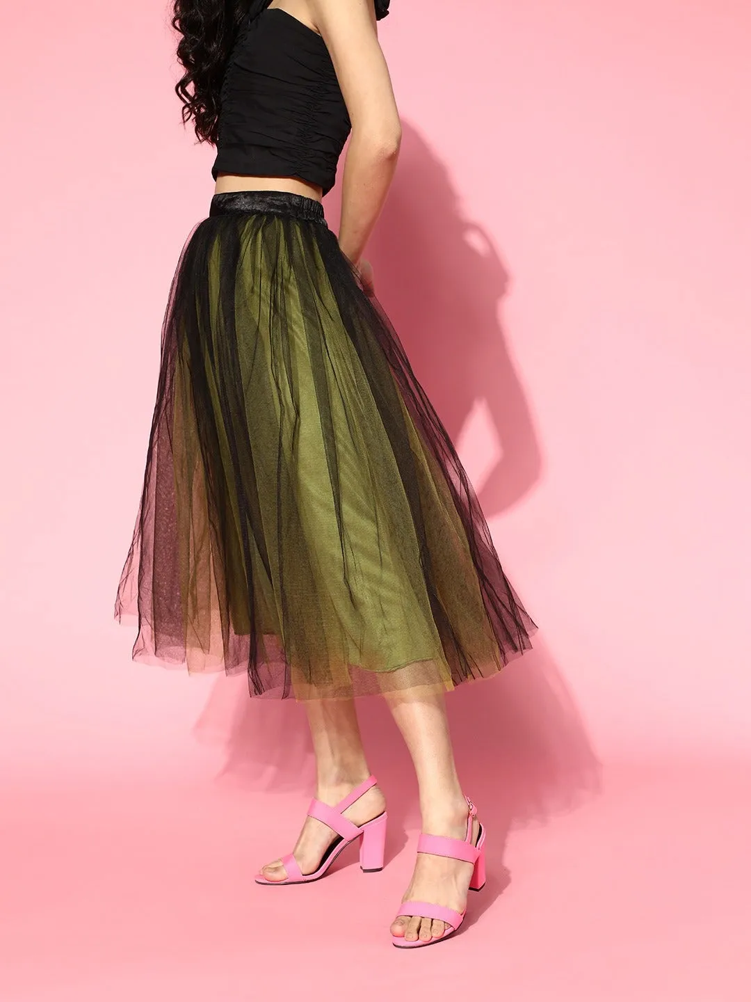 Women Green & Black Tulle Midi Skirt