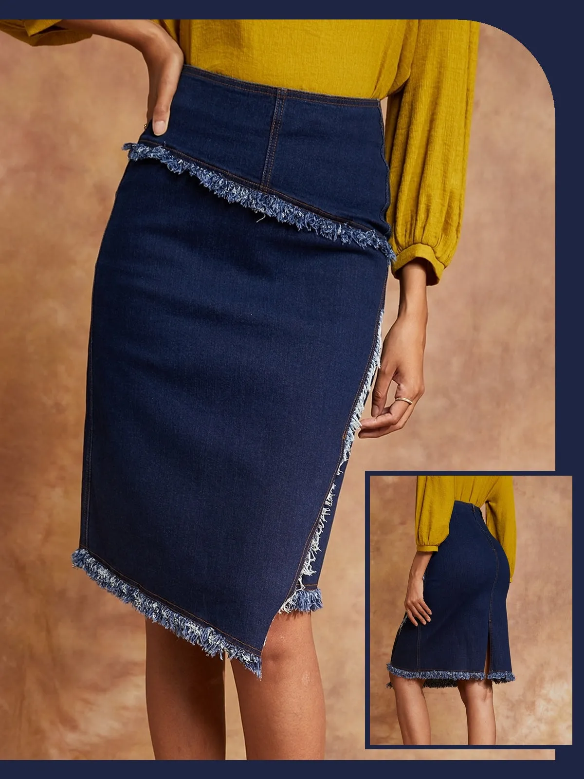 Women's High Waist Raw Hem Denim Skirt