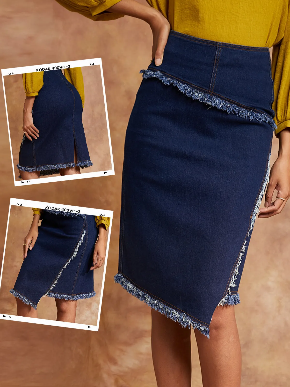 Women's High Waist Raw Hem Denim Skirt