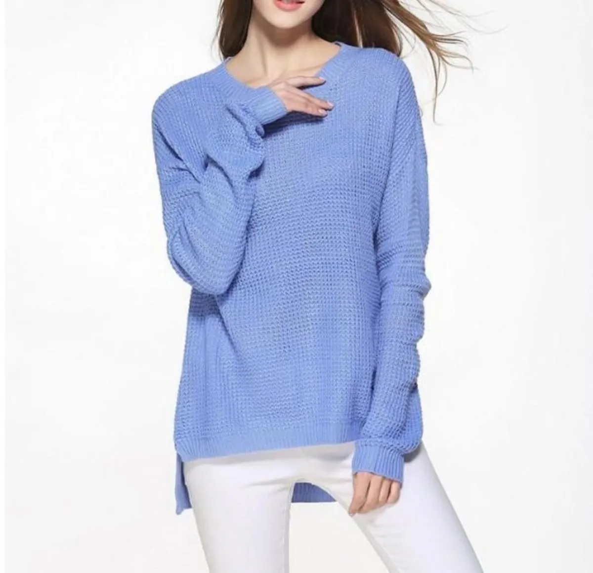 Womens Relaxed Fit Round Neck Sweater in Blue