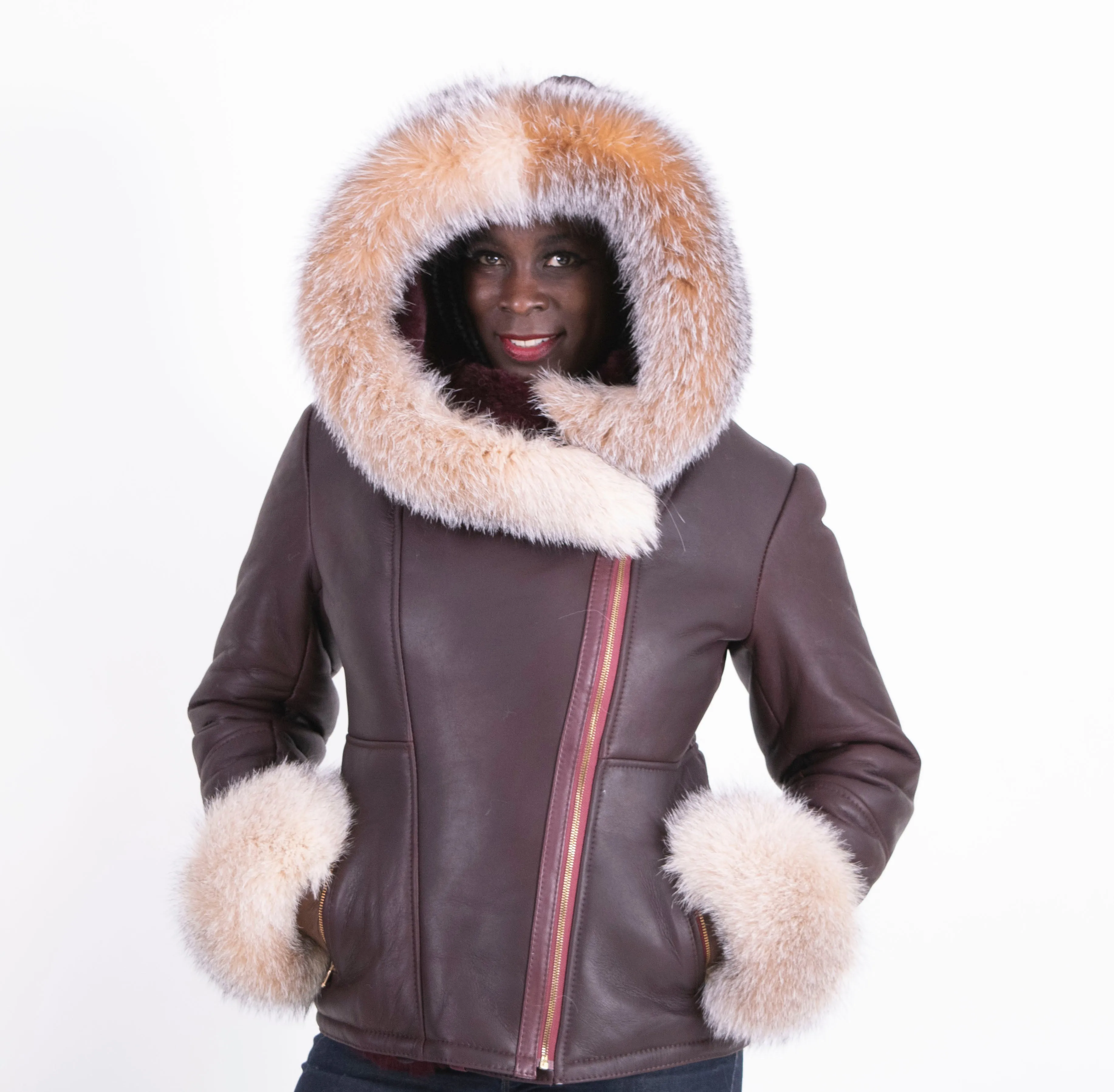 Women's Sheepskin Leather Jacket with Fox Fur Hood Style #1069