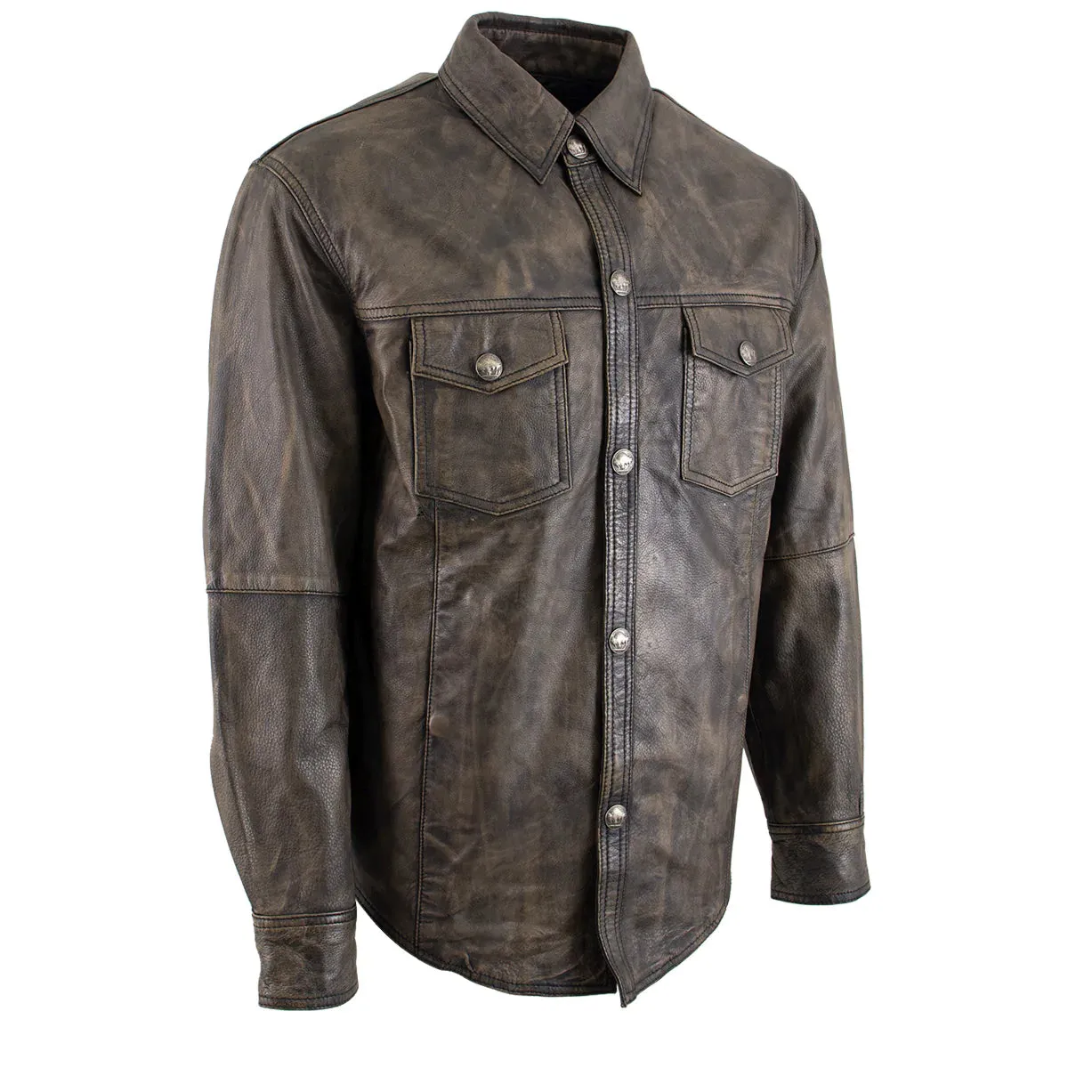 Xelement XS942 Men's 'Nickel' Distressed Brown Leather Shirt with Vintage Buffalo Buttons