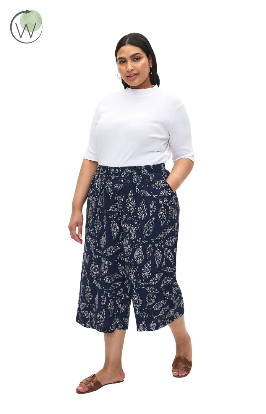 Zizzi Leaf Print Culottes in Navy